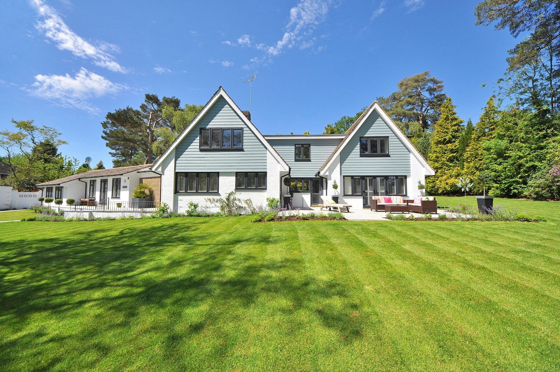 Verdant green lawn in front of a house